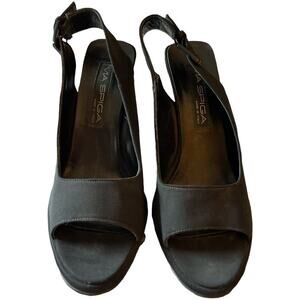 Via Spiga Black Fabric Leather Heel Open Toe Shoes Sandals Women's Size 8.5
